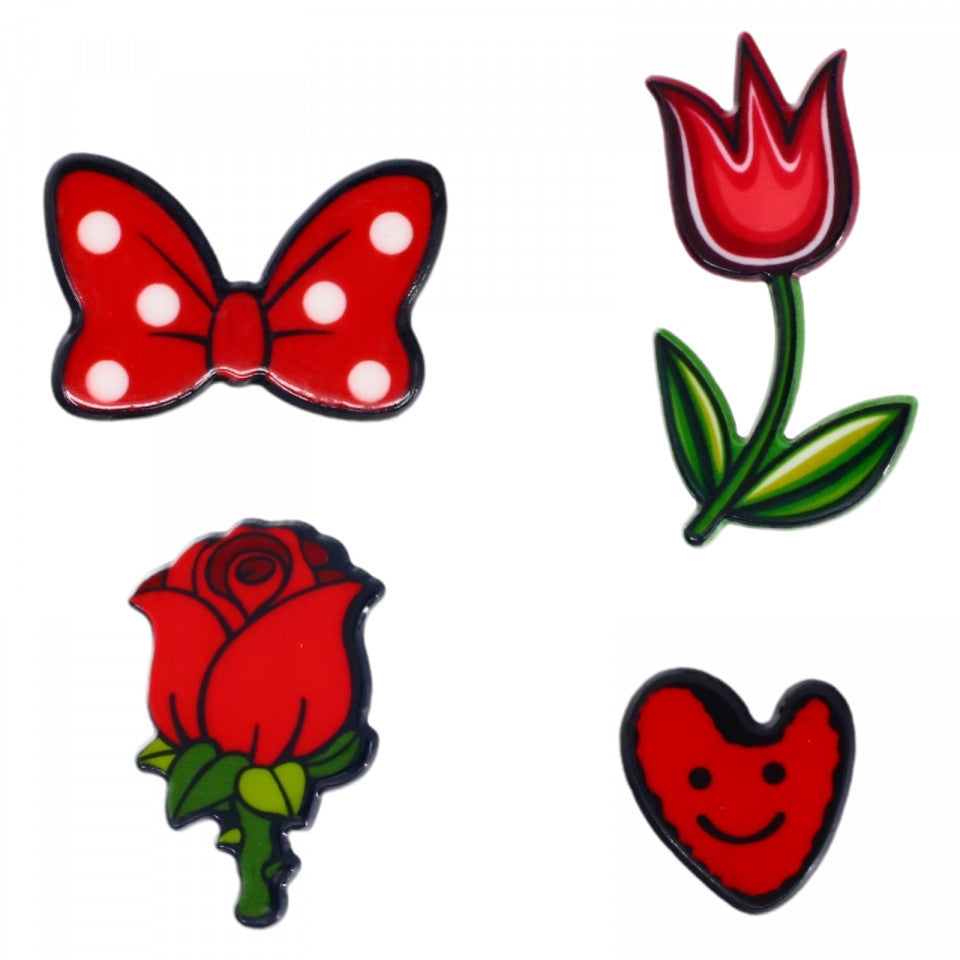 Set 4 insigne amuzante, Inima, Trandafir, Lalea, Papion Mini, NO922, 3.5 cm, Multicolor