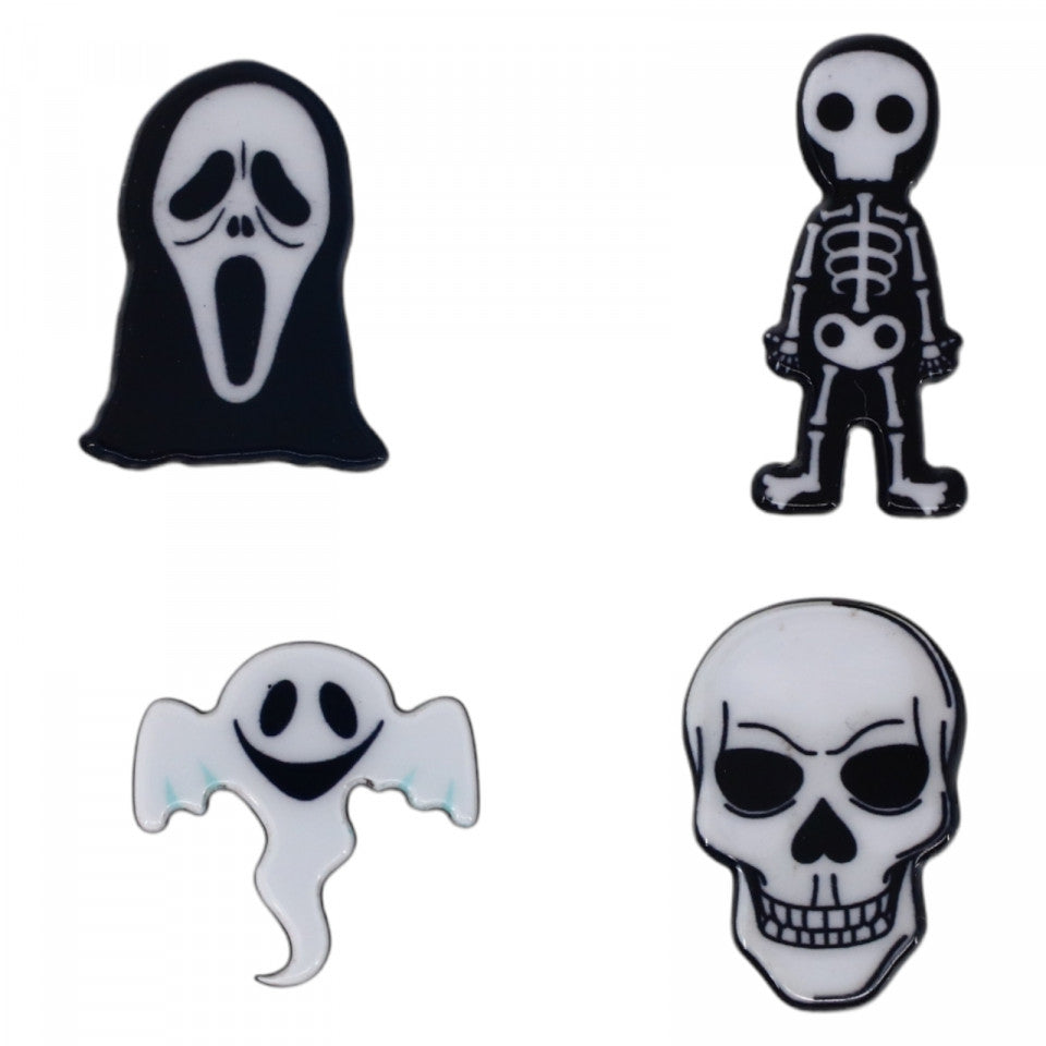 Set 4 insigne amuzante, Masca Scream, Craniu, Fantoma, Schelete, NO908, 3 cm, Multicolor
