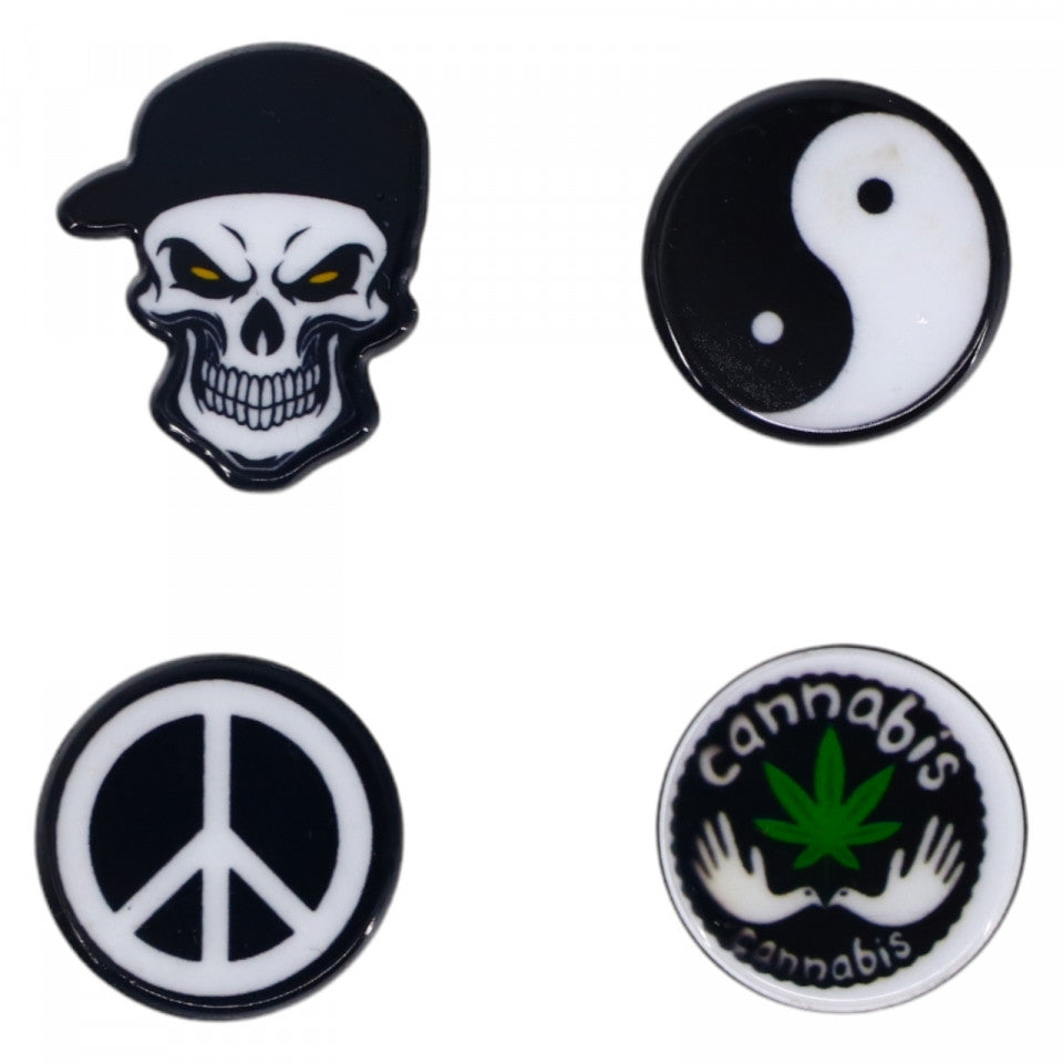Set 4 insigne amuzante, Pace, Frunza de canabis, Craniu, NO937, 2.5 cm, Multicolor