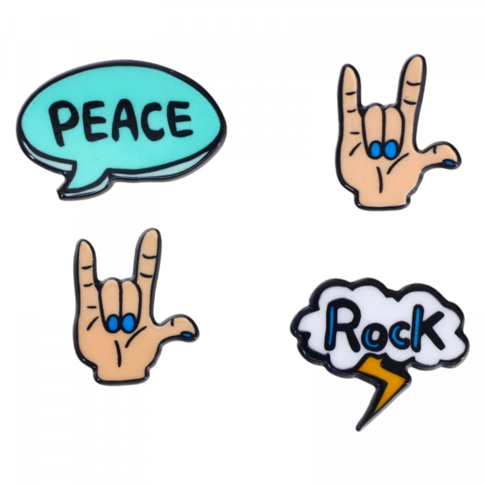 Set 4 insigne amuzante, Peace, Rock, NO913, 3 cm, Multicolor