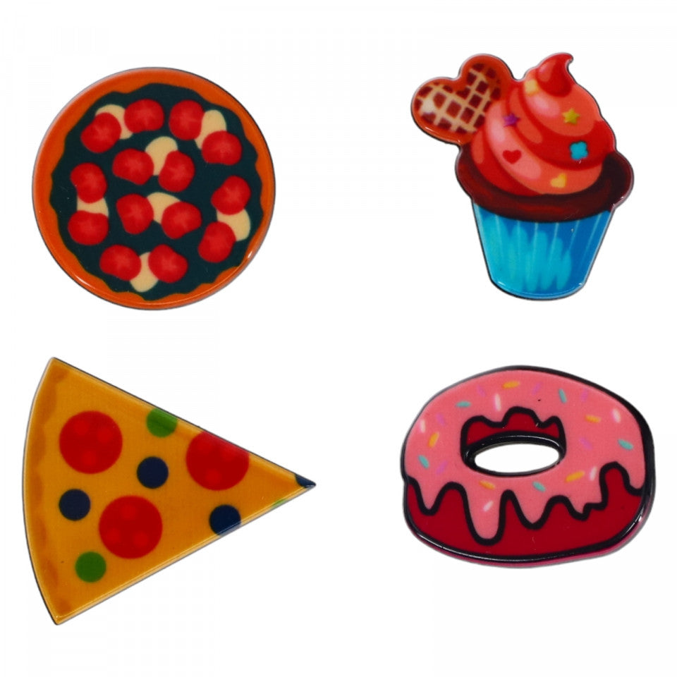 Set 4 insigne amuzante, Prajituri, Pizza, Gogoasa, NO907, 3 cm, Multicolor