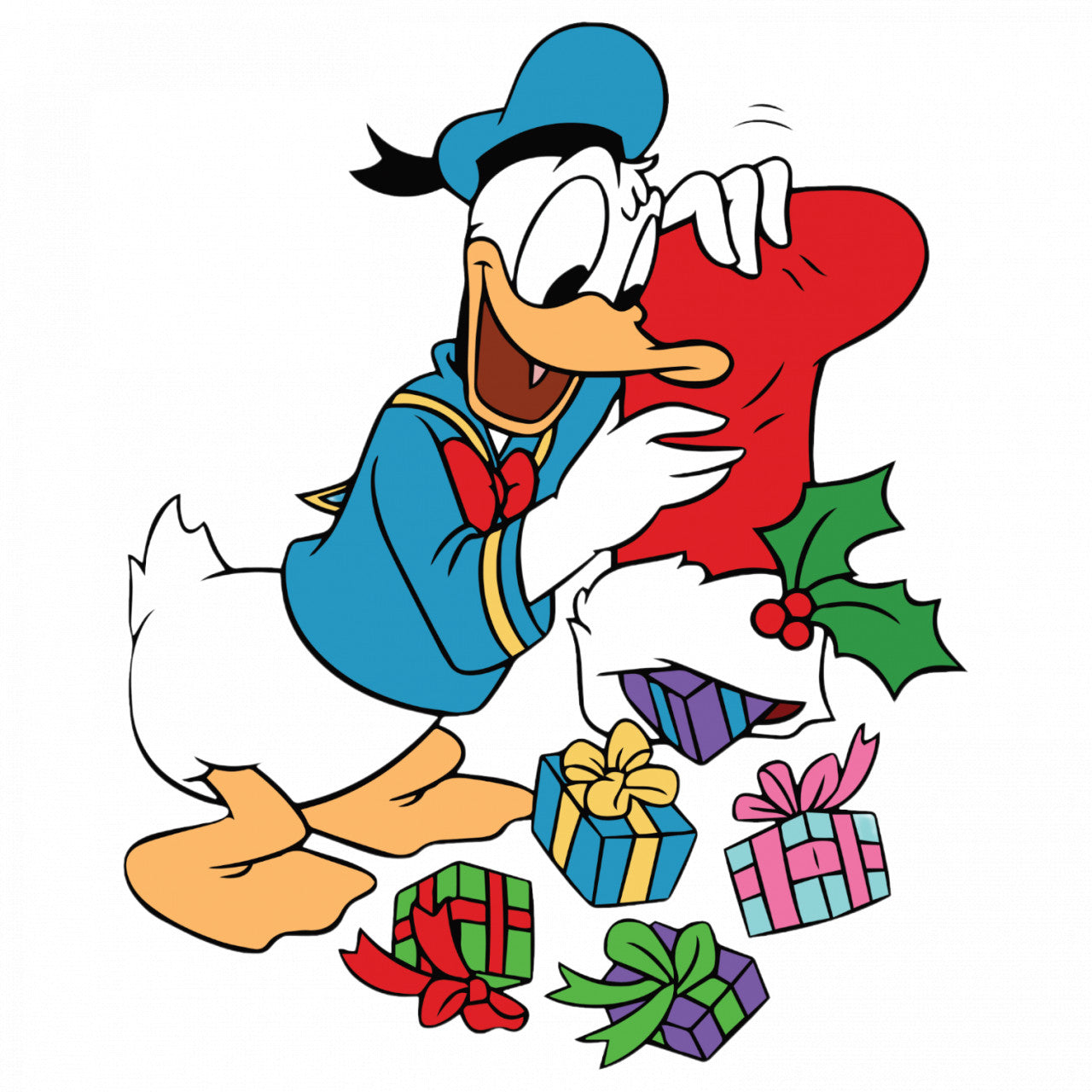 Set 5 bucati, Sticker decorativ, Donald Duck cu cadouri de craciun, Rezistent la apa, NO9070, 6 cm, Multicolor