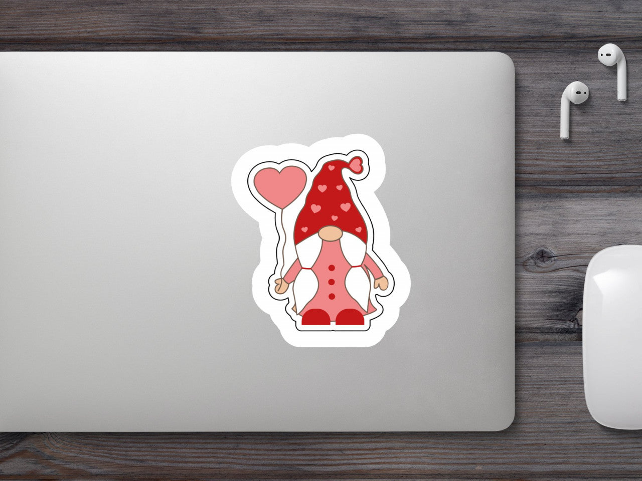 Set 5 bucati, Sticker decorativ, Gnom de Craciun cu balon inima, Rezistent la apa, NO9436, 6 cm, Multicolor