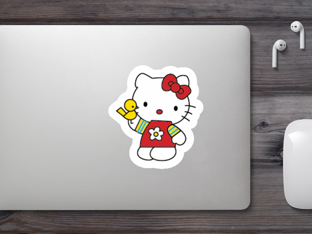 Set 5 bucati, Sticker decorativ, Hello Kitty cu pasarica, Rezistent la apa, NO9619, 6 cm, Multicolor