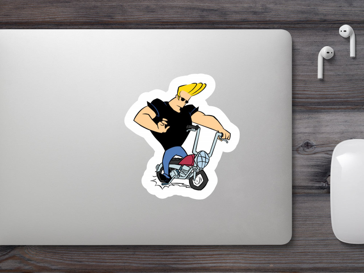 Set 5 bucati, Sticker decorativ, Johnny Bravo pe bicicleta, Rezistent la apa, NO9809, 6 cm, Multicolor