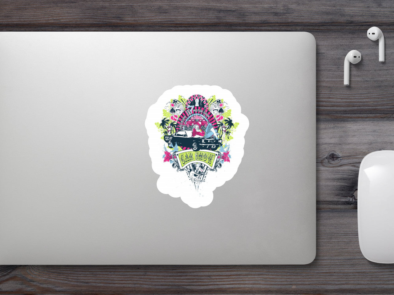 Set 5 bucati, Sticker decorativ, Las Vegas Car Show, Rezistent la apa, NO9876, 6 cm, Multicolor