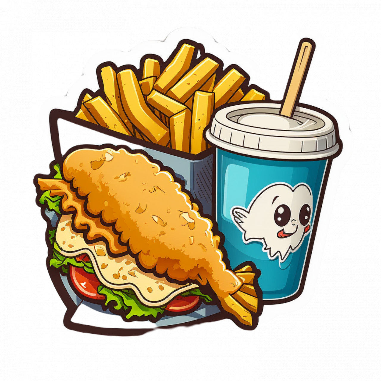 Set 5 bucati, Sticker decorativ, Meniu cu peste si cartofi prajiti, Rezistent la apa, NO10070, 6 cm, Multicolor