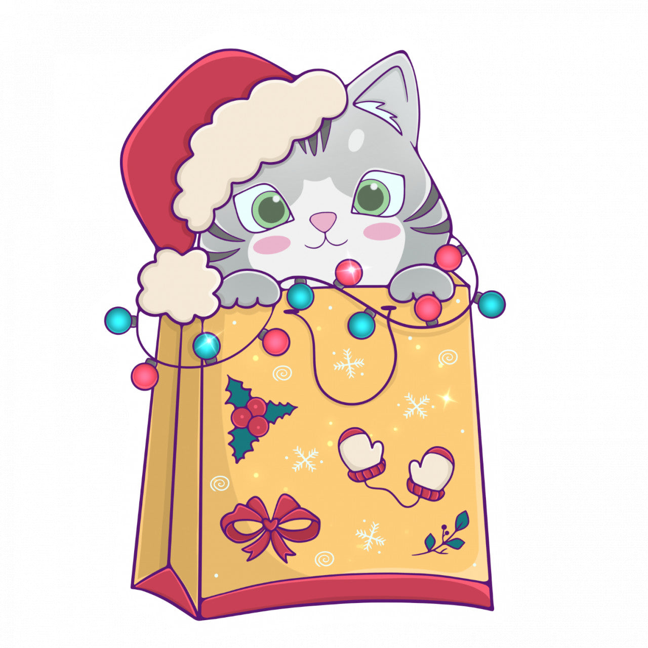 Set 5 bucati, Sticker decorativ, Pisica cadou de Craciun, Rezistent la apa, NO10179, 6 cm, Multicolor