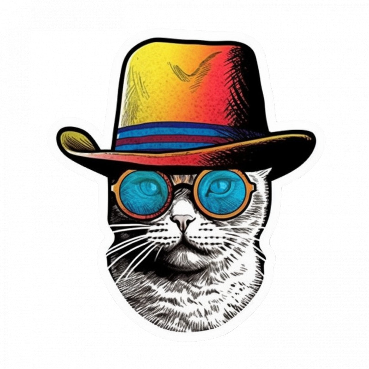 Set 5 bucati, Sticker decorativ, Pisica cool cu palarie, Rezistent la apa, NO10181, 6 cm, Multicolor