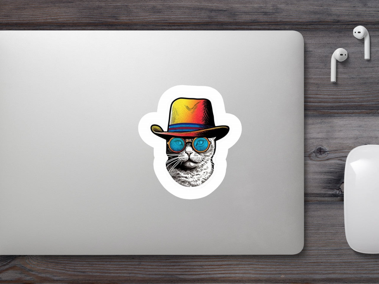 Set 5 bucati, Sticker decorativ, Pisica cool cu palarie, Rezistent la apa, NO10181, 6 cm, Multicolor