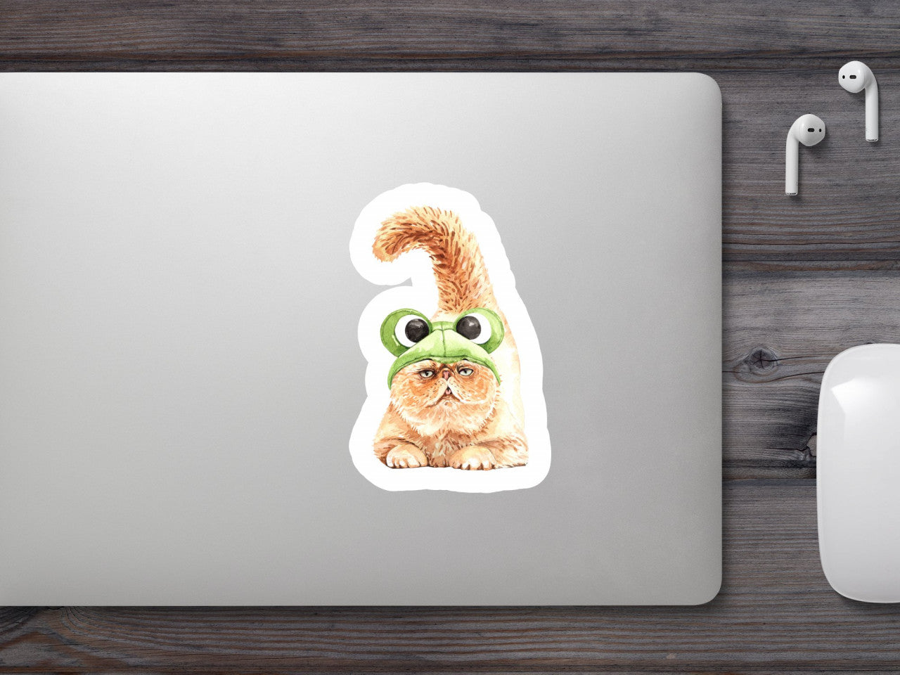 Set 5 bucati, Sticker decorativ, Pisica cu caciula broasca, Rezistent la apa, NO10188, 6 cm, Multicolor