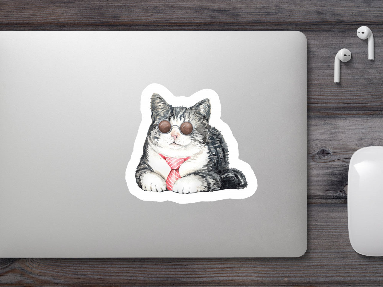 Set 5 bucati, Sticker decorativ, Pisica cu ochelari si cravata, Rezistent la apa, NO10197, 6 cm, Multicolor