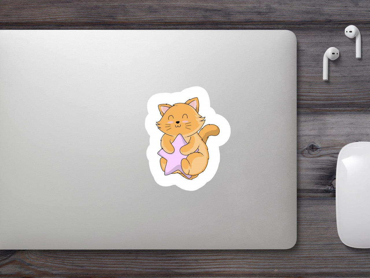 Set 5 bucati, Sticker decorativ, Pisica cu stea in brate, Rezistent la apa, NO10201, 6 cm, Multicolor