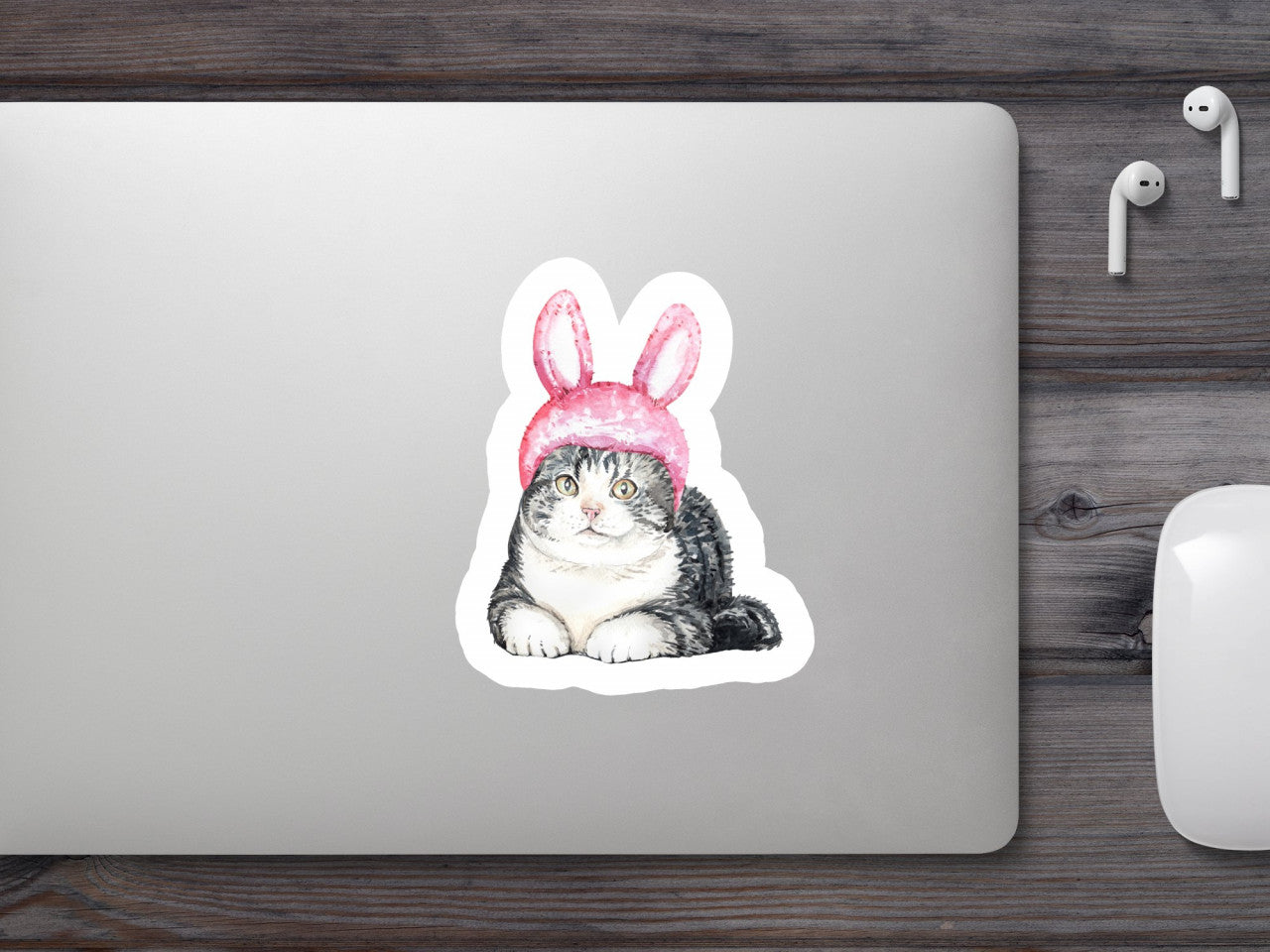 Set 5 bucati, Sticker decorativ, Pisica cu urechi de iepure sta pe jos, Rezistent la apa, NO10202, 6 cm, Multicolor