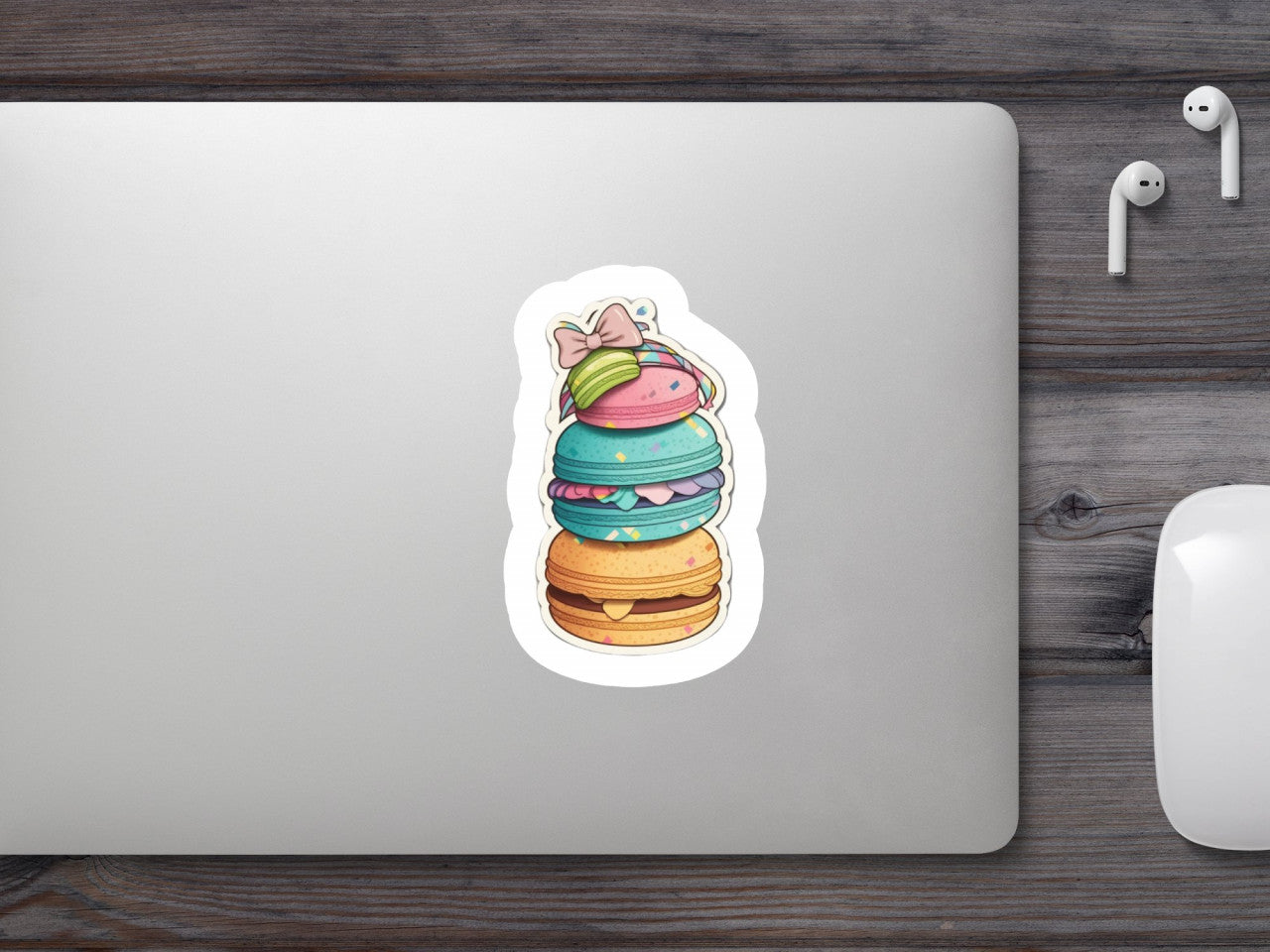 Set 5 bucati, Sticker decorativ, Prajitura macaron turn cu fundita, Rezistent la apa, NO7708, 6 cm, Multicolor