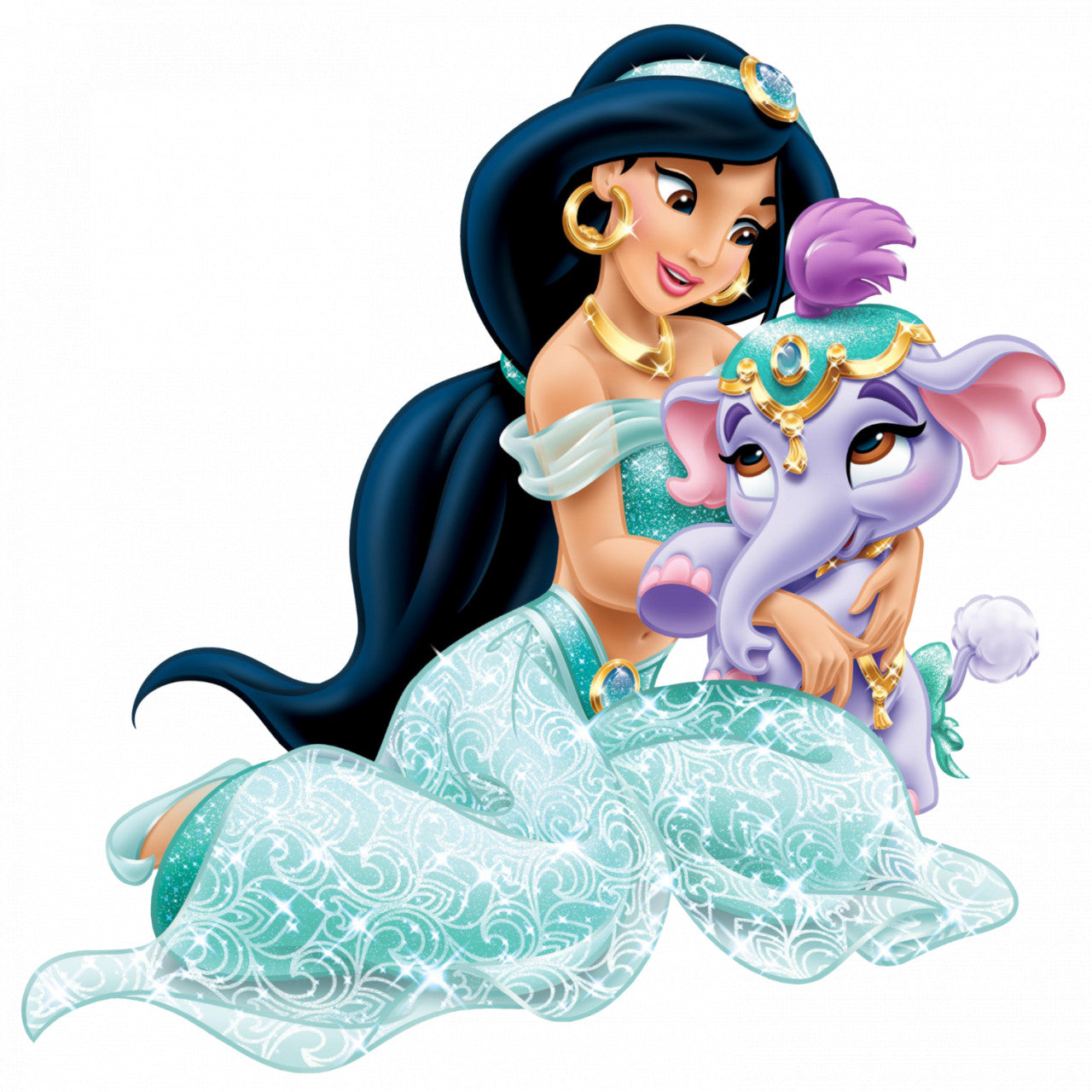 Set 5 bucati, Sticker decorativ, Printesa Jasmine cu elefantul ei, Rezistent la apa, NO7715, 6 cm, Multicolor