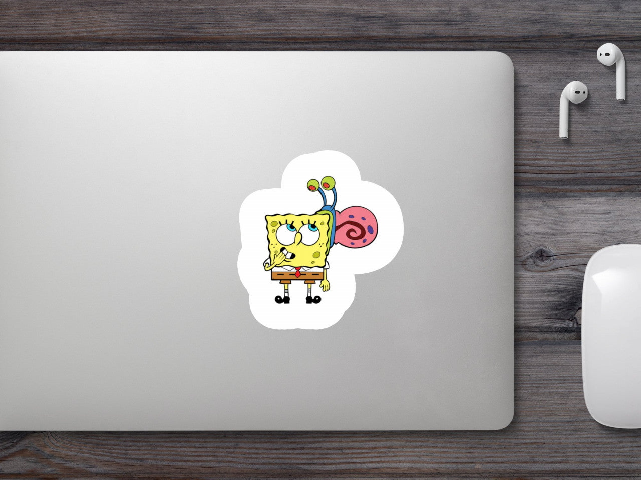 Set 5 bucati, Sticker decorativ, SpongeBob in spate cu melcul Gary Meme, Rezistent la apa, NO8465, 6 cm, Multicolor
