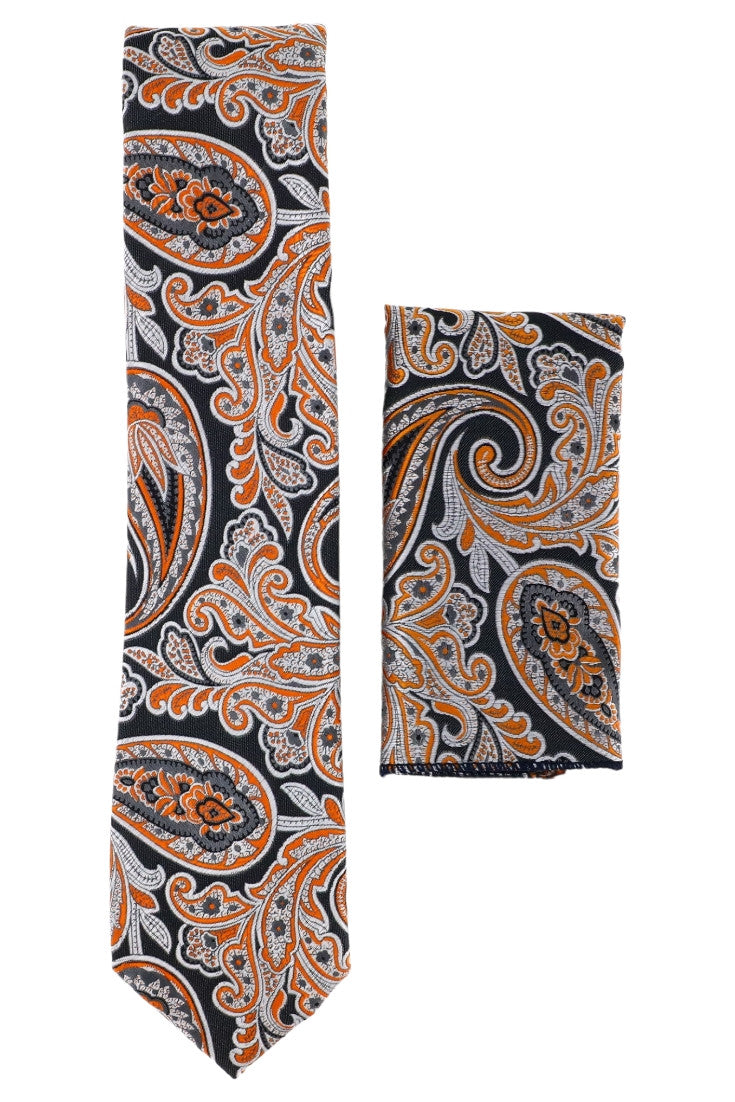 Set Cravata cu batista, model ingust, aspect texturat, imprimeu floral, 6 x 150 cm, NO865, Multicolor