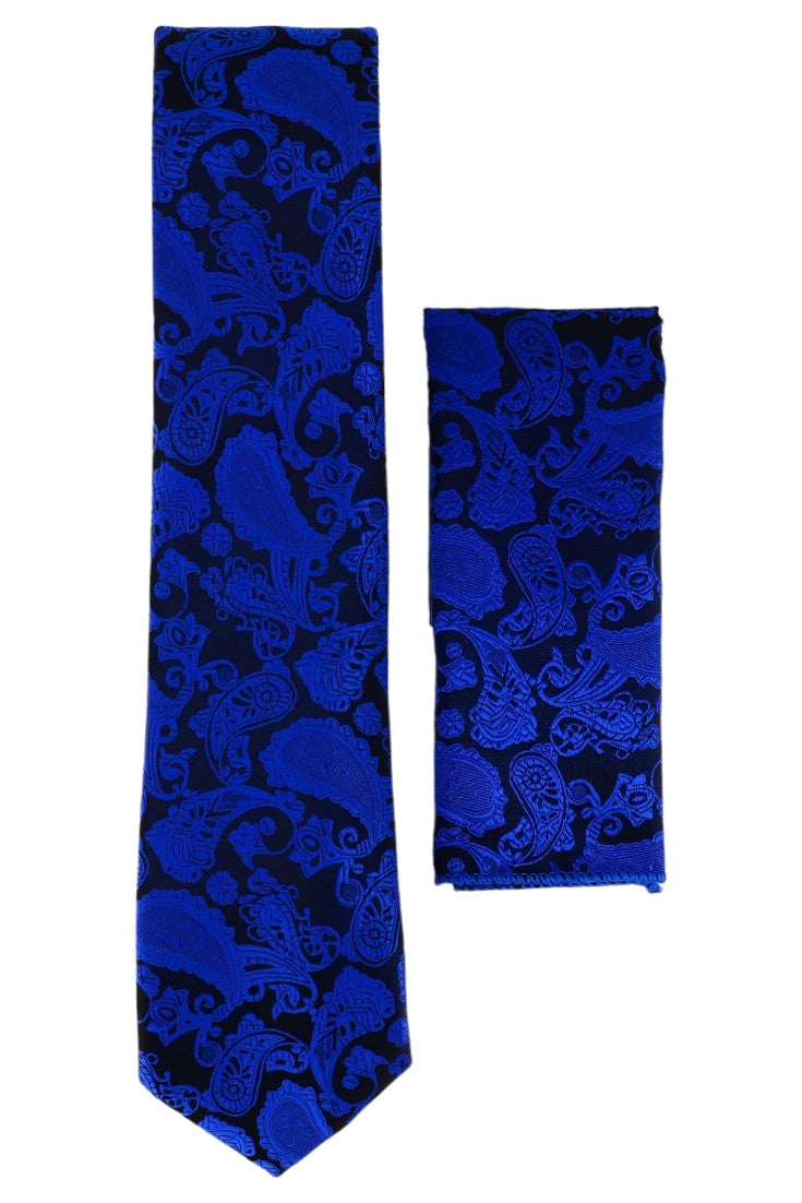 Set Cravata cu batista, model ingust, aspect texturat, imprimeu floral, 6 x 150 cm, NO890, Albastru