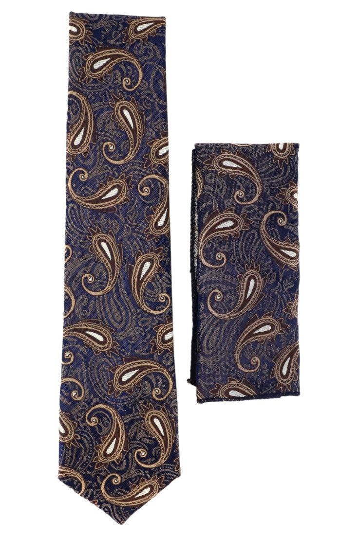 Set Cravata cu batista, model ingust, aspect texturat, imprimeu floral, 6 x 150 cm, NO891, Maro