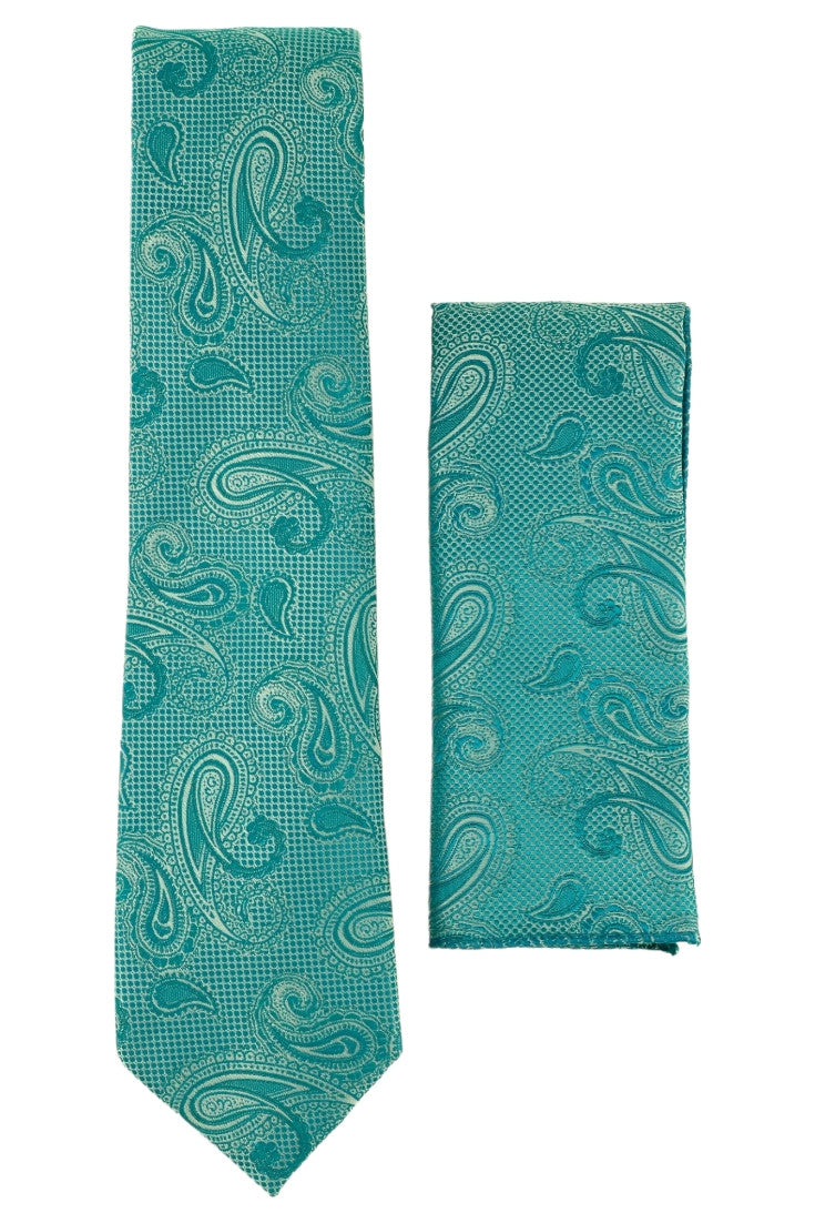 Set Cravata cu batista, model ingust, aspect texturat, imprimeu floral, 6 x 150 cm, NO893, Albastru