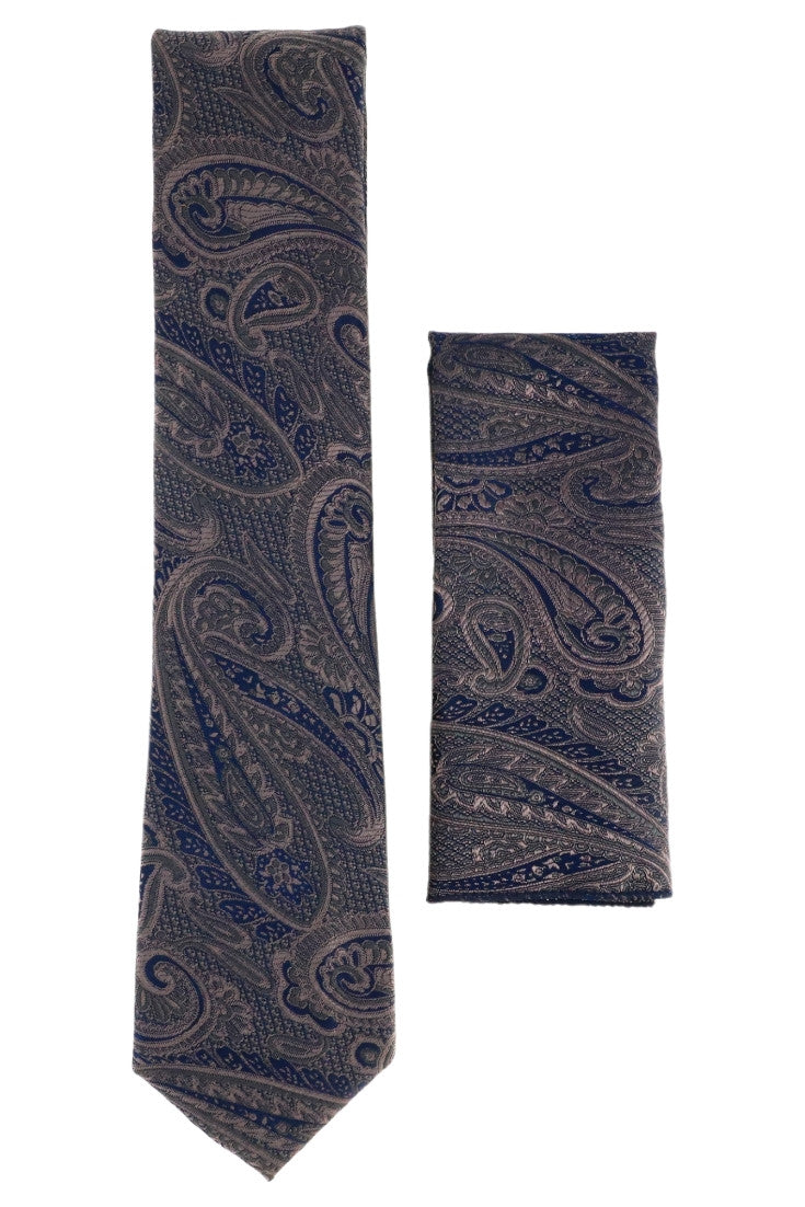 Set Cravata cu batista, model ingust, aspect texturat, imprimeu floral, 6 x 150 cm, NO895, Bleumarin