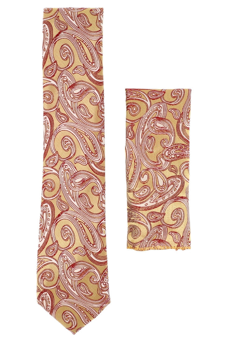 Set Cravata cu batista, model ingust, aspect texturat, imprimeu floral, 6 x 150 cm, NO897, Bej