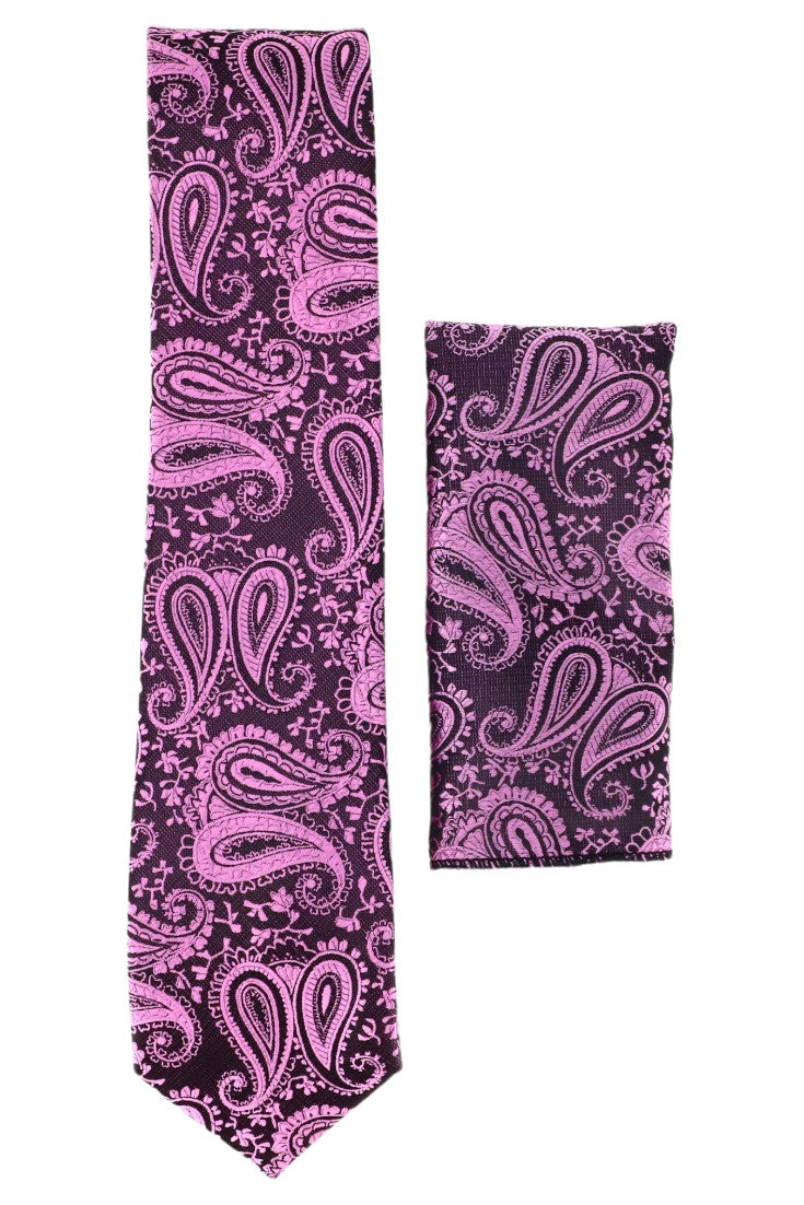 Set Cravata cu batista, model ingust, aspect texturat, imprimeu floral, 6.5 x 150 cm, NO873, Mov