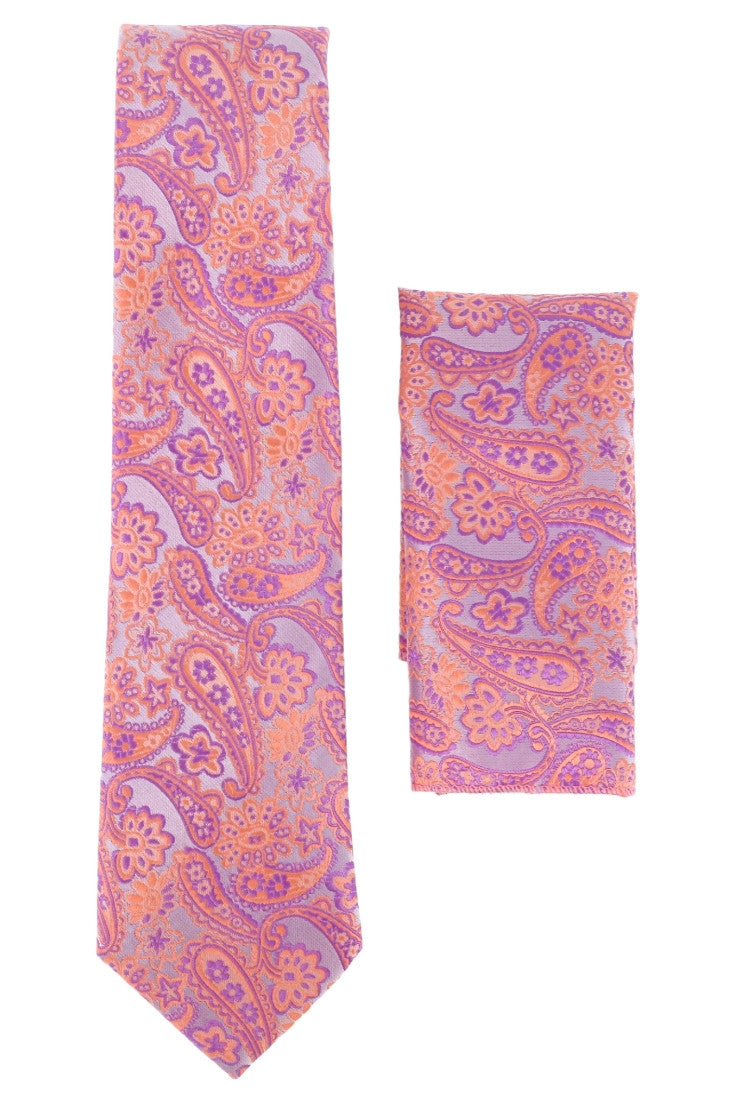 Set Cravata cu batista, model ingust, aspect texturat, imprimeu floral, 6.5 x 150 cm, NO884, Roz