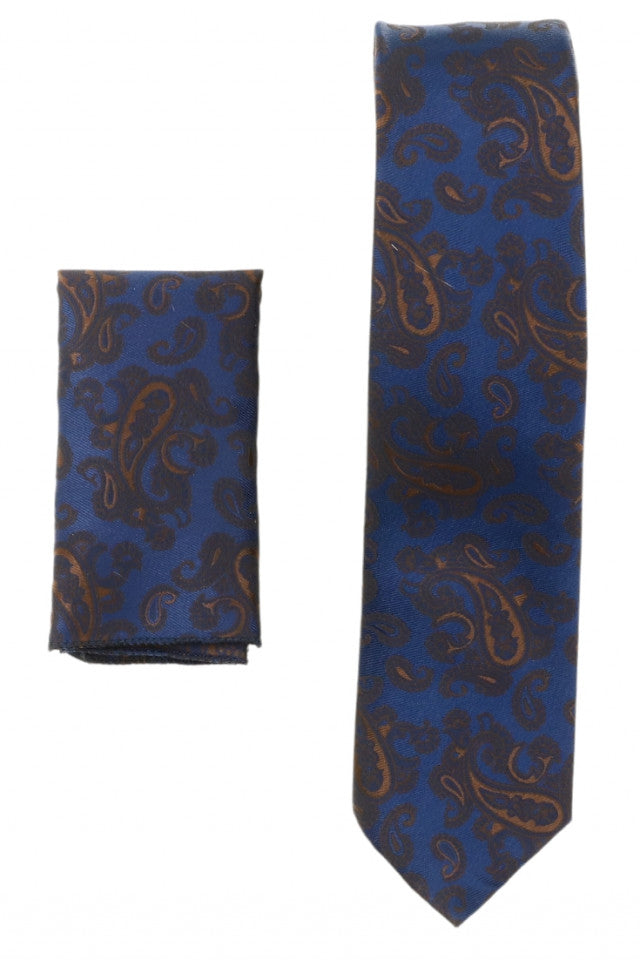 Set Cravata cu batista, model ingust, aspect texturat, imprimeu floral, 6 x 150 cm, NO6204, Bleumarin