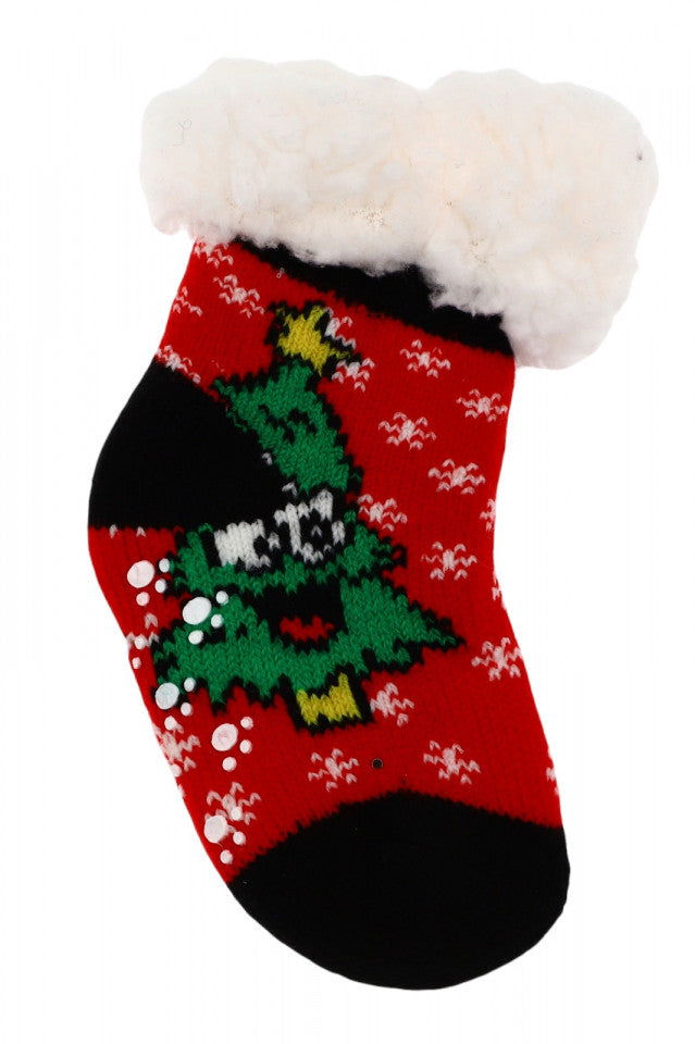 Sosete bebelusi, Groase, imblanite, Antiderapante, NO6739, marime 0-12 luni, imprimeu brad, Multicolor