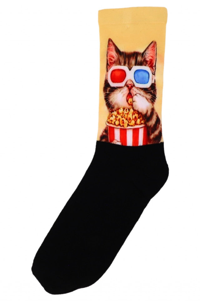 Sosete Dama, Imprimeu pisica cinefila, Bumbac 80%, NO436, Masura universala, Multicolor