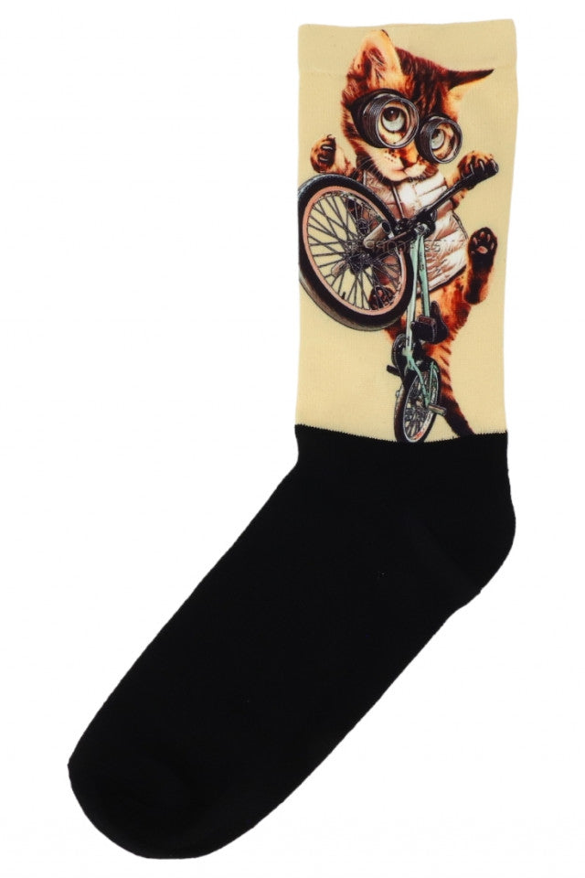 Sosete Dama, Imprimeu pisicuta pe bicicleta, Bumbac 80%, NO429, Masura universala, Multicolor