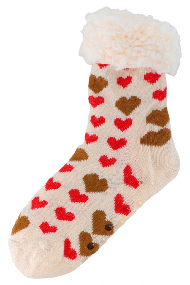 Sosete lungi imblanite dama, pentru iarna, Antiderapante, Inimioare, NO4005, 36 - 40, Bej