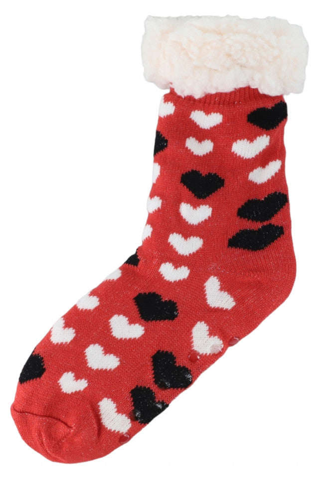 Sosete lungi imblanite dama, pentru iarna, Antiderapante, Inimioare, NO4007, 36 - 40, Rosu