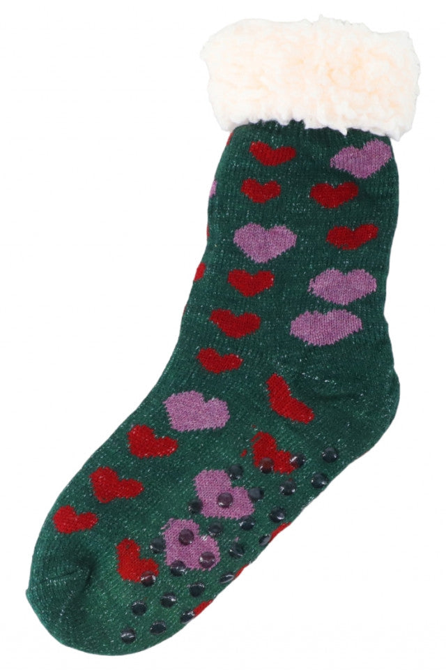 Sosete lungi imblanite dama, pentru iarna, Antiderapante, Inimioare, NO4008, 36 - 40, Verde