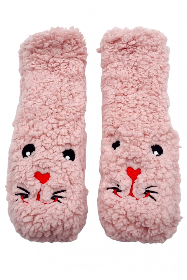 Sosete pentru copii, pufoase, antiderapante, imprimeu ursulet, marime 24-27, Roz