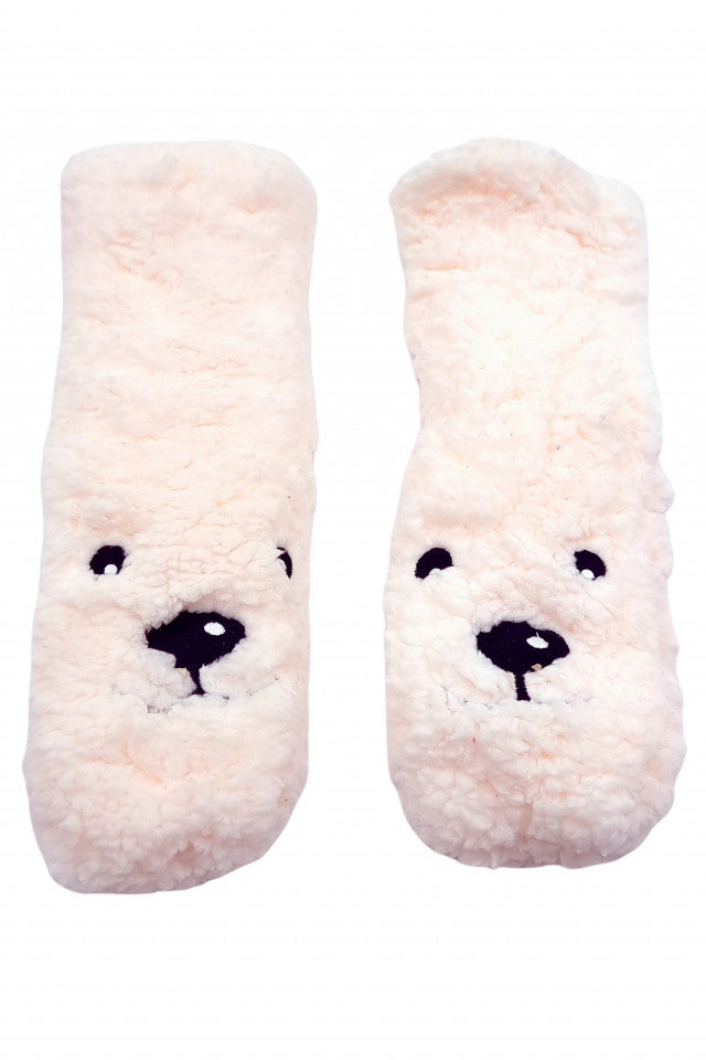 Sosete pentru copii, pufoase, antiderapante, imprimeu ursulet, marime 28-31, Alb