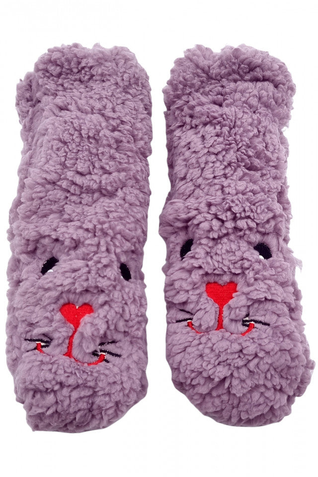 Sosete pentru copii, pufoase, antiderapante, imprimeu ursulet, marime 28-31, Mov