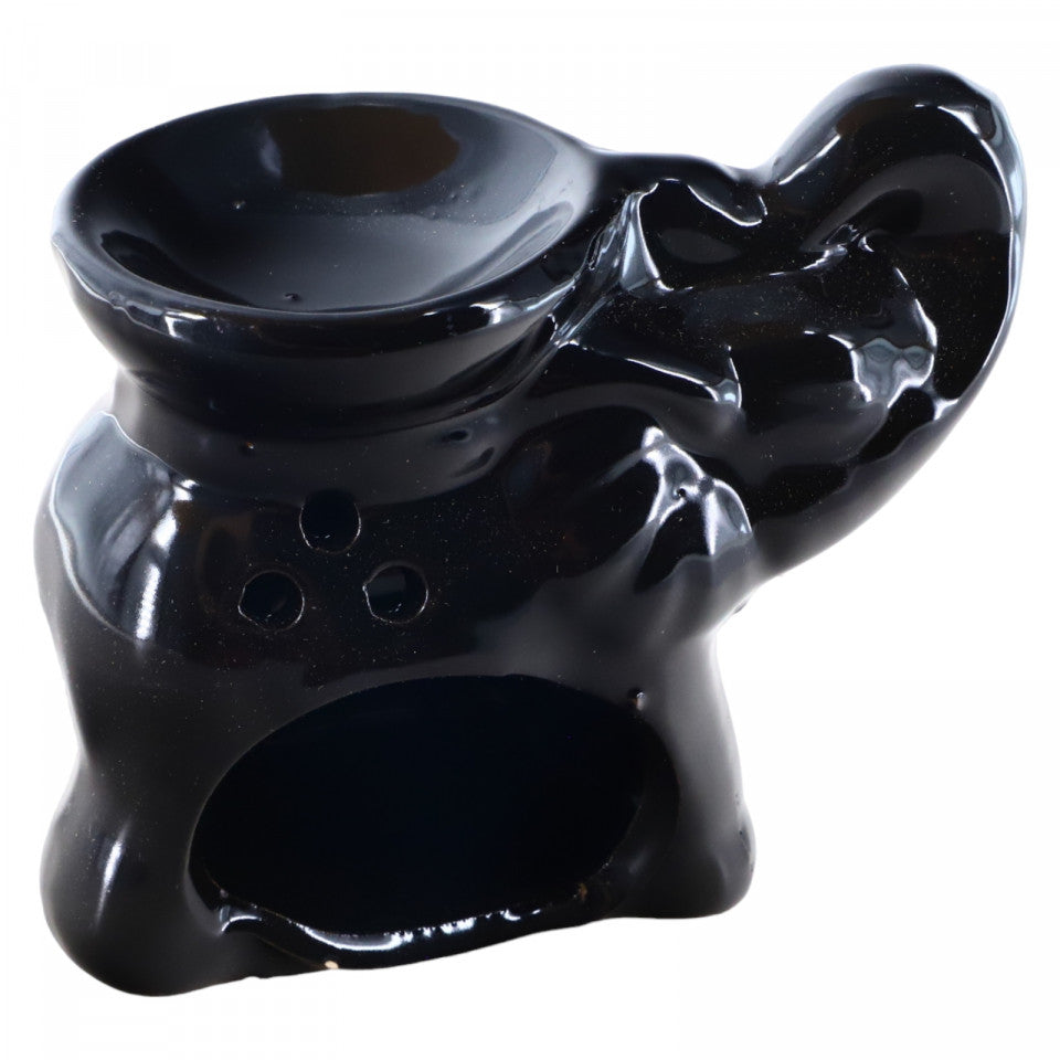 Suport lumanare, aromaterapie, ceramica, difuzor pentru uleiuri esentiale, Elefant, Feng Shui, AR10A, 7.5 x 10 cm, Negru