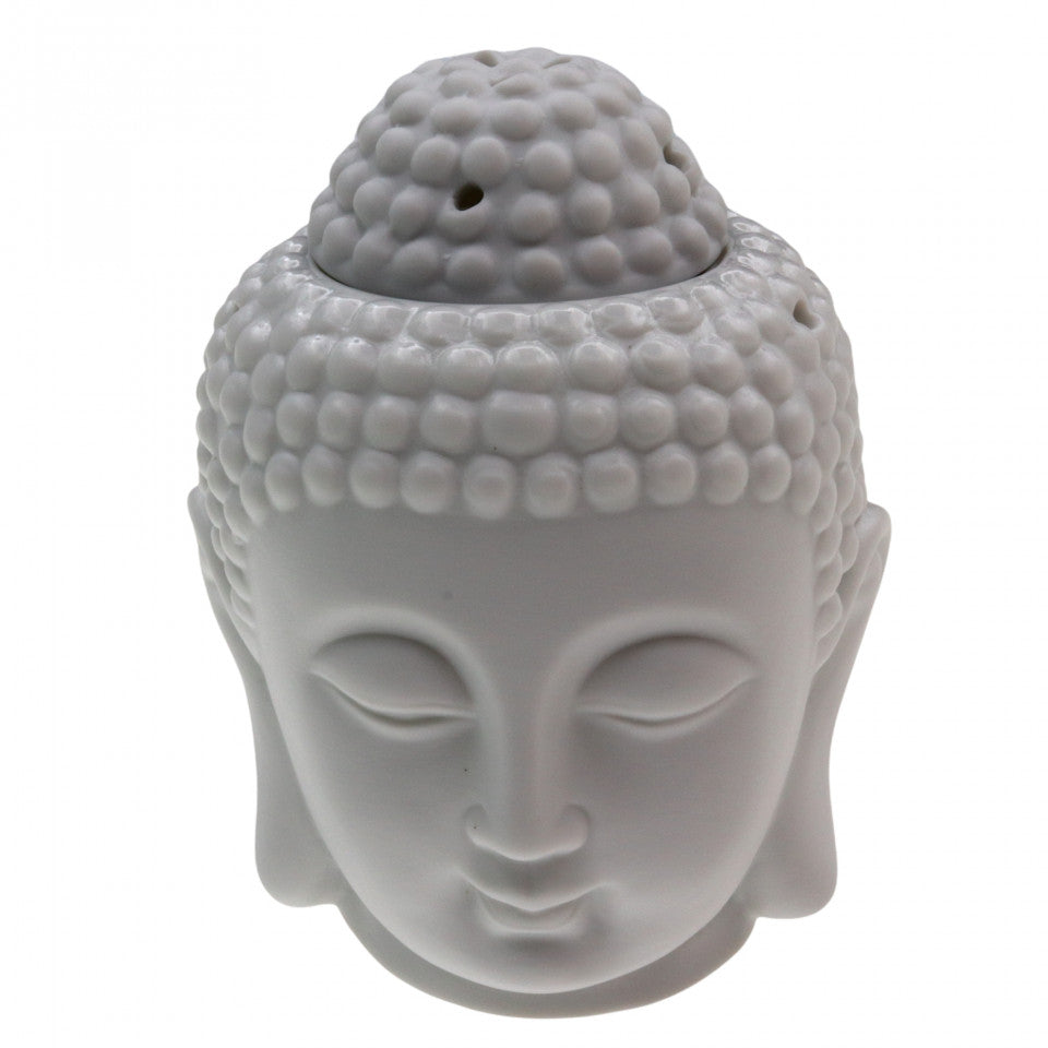 Suport pentru aromaterapie, Buddha, din ceramica, difuzor pentru lumanari si uleiuri esentiale, Feng Shui, NO7853, 10 x 13 cm, Alb
