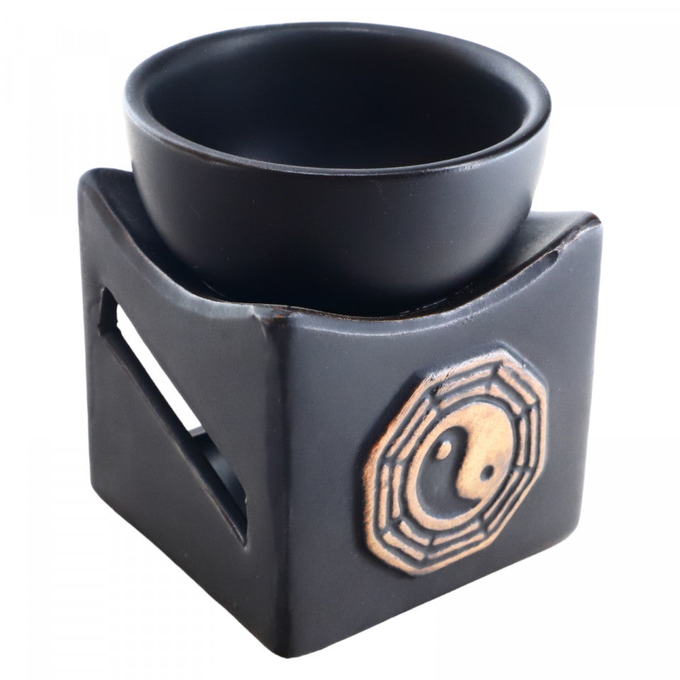 Suport pentru aromaterapie, din ceramica, difuzor pentru lumanari si uleiuri esentiale, Yin ��i Yang, AR100, 7 x 8.8 cm, Negru