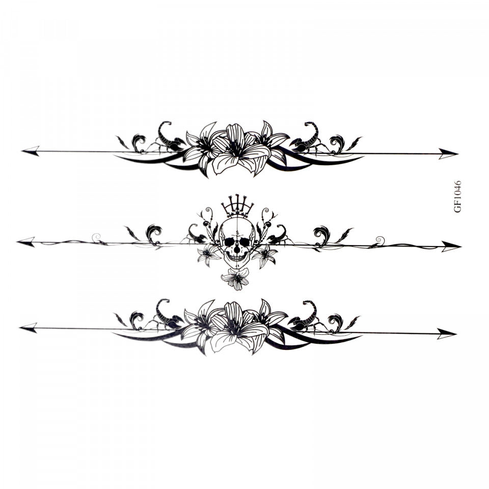 Tatuaj temporar, Craniul intre crini, GF1046, 9 x 16.5 cm, Negru