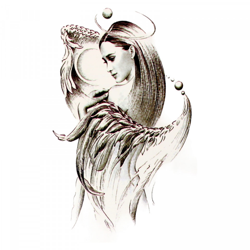 Tatuaj temporar, Ingerul Pazitor, WS040, 9.5 x 15 cm, Negru