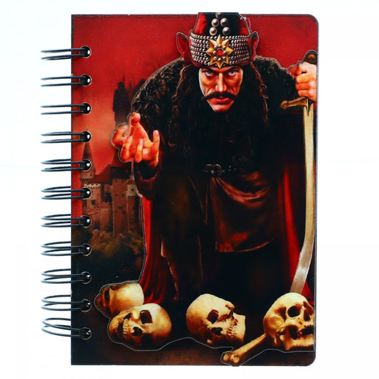 Agenda cu spirala, din lemn, Vlat Tepes Dracula pe cranii, 15 x 10,5 cm