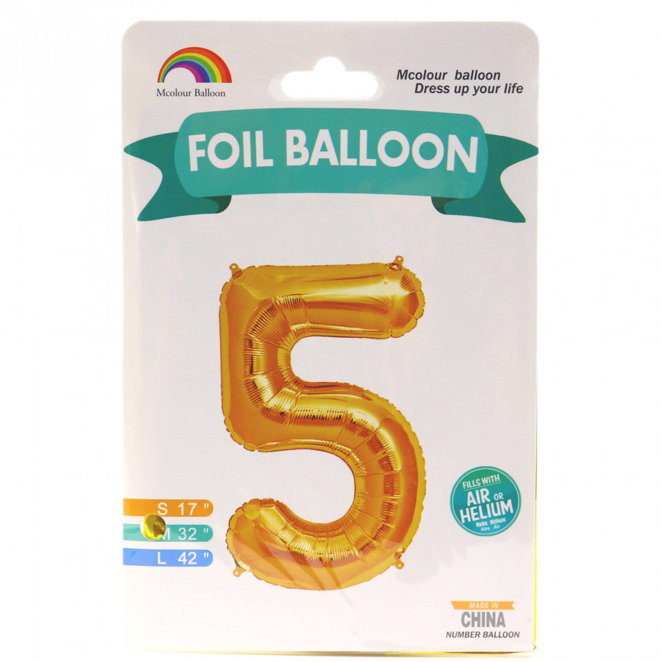 Balon din folie metalizata, 80 cm, cifra 5, Auriu