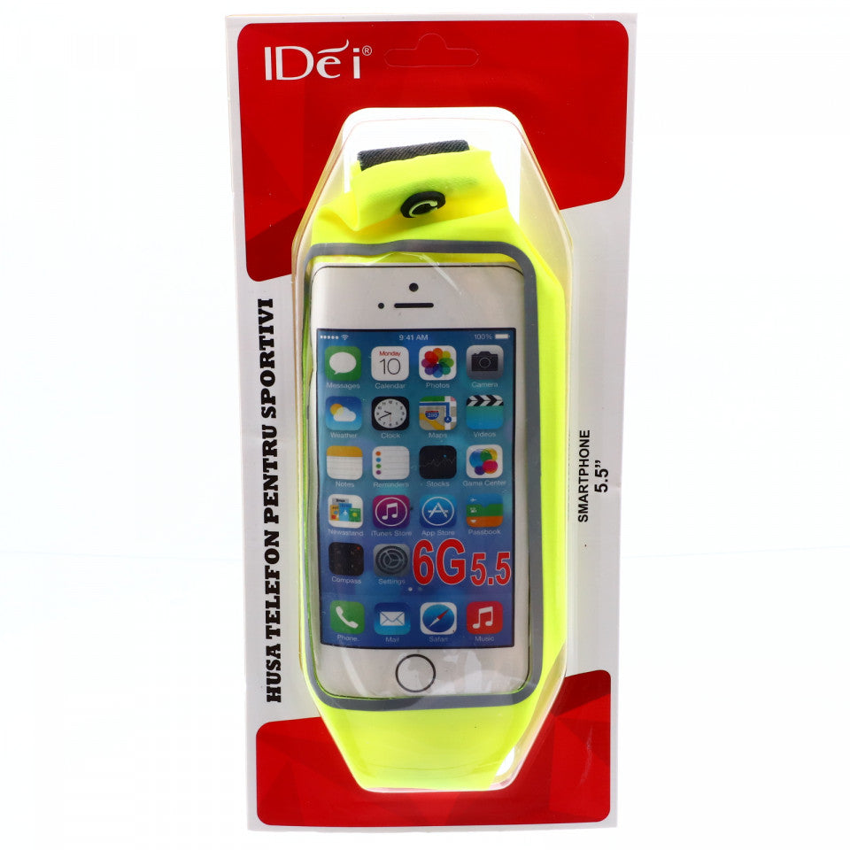 Borseta sport pentru telefon cu iesire pentru casti, ajustabila, impermeabila, 5.5", Galben fluorescent