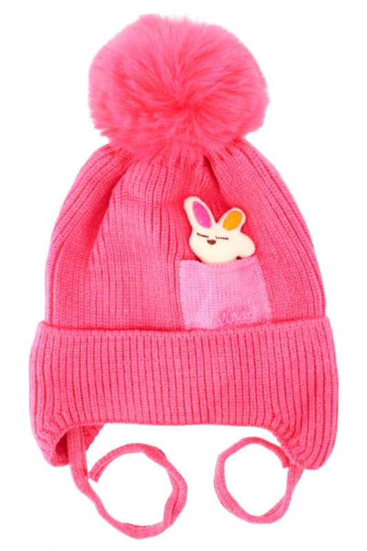 Caciula pentru copii tricotata, captuseala fleece, Ciucure, Love, iepuras, NO3415, 2-3 ani, Roz inchis