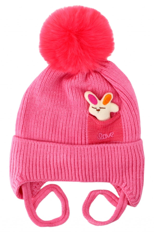 Caciula pentru copii tricotata, captuseala fleece, Ciucure, Love, iepuras, NO3996, 2-3 ani, Roz
