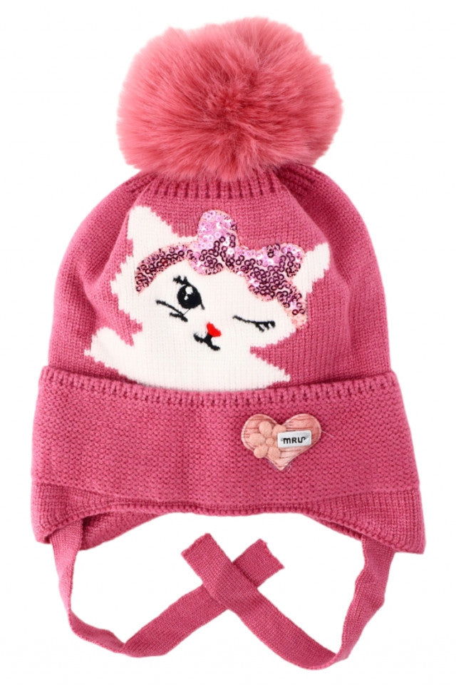 Caciula pentru copii tricotata, captuseala fleece, ciucure, Pisicuta, NO5899, 2-3 ani, Mov